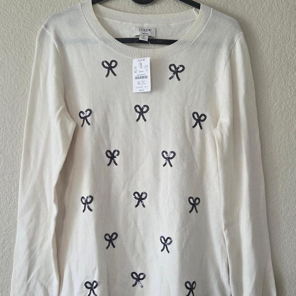 NWT J.Crew Teddie white bow sweater Size S Coquette Sequins Preppy MSRP $89